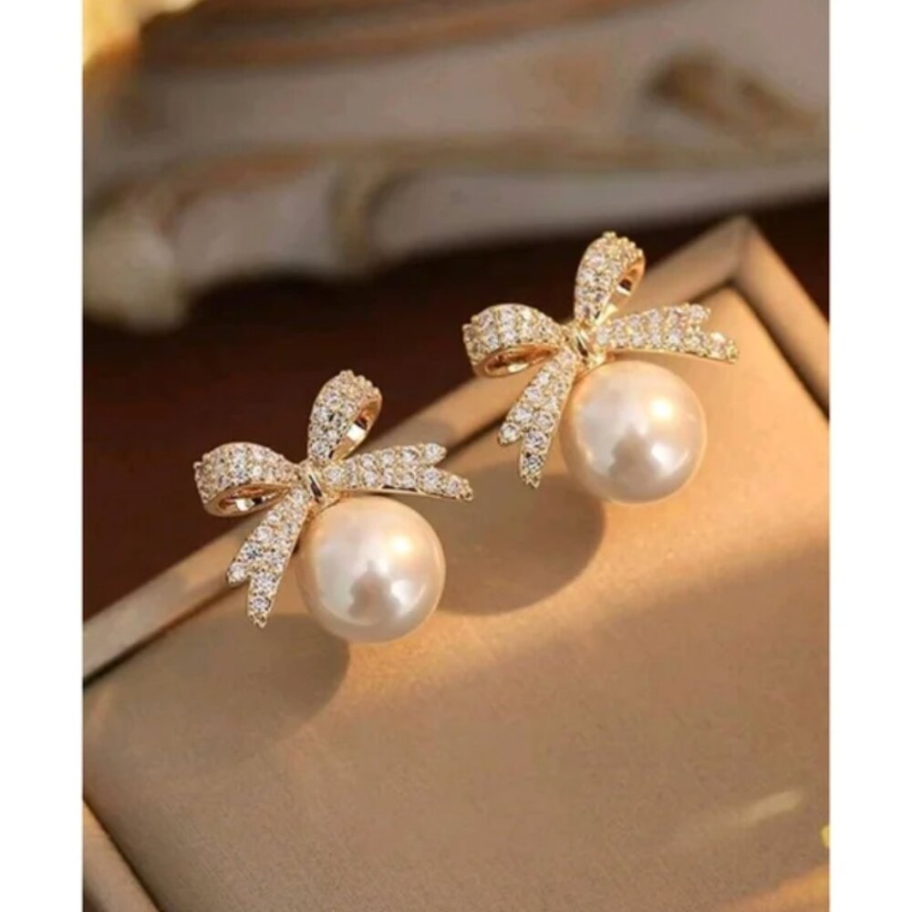 Anthropologie Pearl and Bow Gold Rhinestone Earrings